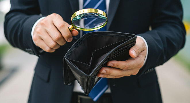 A man in a suit examines an empty wallet with a magnifying glass looking for missing funds or money loss