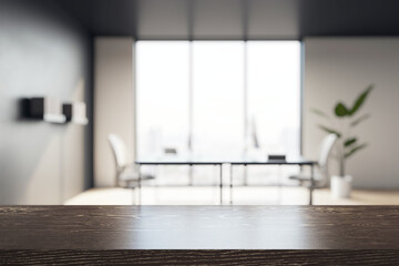 Dark wooden tabletop with blurred modern office interior in background with daylight through large window, ideal for product presentation mockup. 3D Rendering