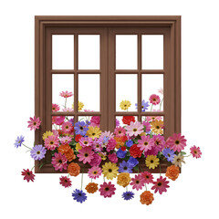 Fototapeta premium Illustration Of Colorful Flowers In A Wooden Window Transparent Background