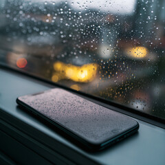 Smartphone placed on windowsill with rain outside