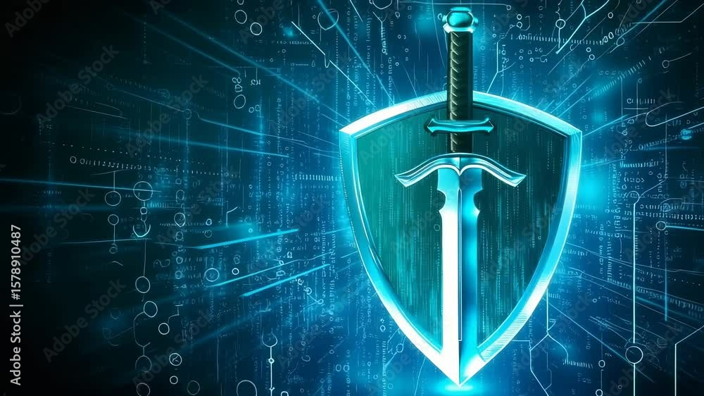 Poster futuristic cybersecurity concept with glowing sword and shield against digital matrix background rep
