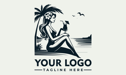 Woman sitting on a beach with a cocktail, under a palm tree, with birds flying overhead.