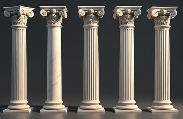 Obraz premium Illustration set old Roman columns. Marble Greek pillars architecture. Classic design elements, building facade, support structure. Ideal for architectural projects, historical themes. Elegant