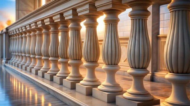 Sunlight at sunset penetrates through the space between the ornate white balusters stretching along the polished marble floor