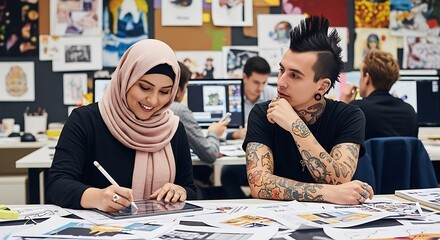 A woman in a hijab works on designs at a desk covered in artwork, while a tattooed man with a mohawk looks on thoughtfully in a creative office environment.