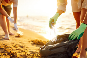 A group of volunteers collect plastic bottles and trash on a sandy beach. Young men and women collect trash on the ocean shore, clean up the environment. The concept of ecology and volunteering.