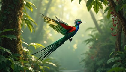 Resplendent quetzal illustration flying gracefully among rich green plants. Bird features iridescent emerald feathers, vibrant colors, long tail. Natural habitat of rainforest shows avian elegance,