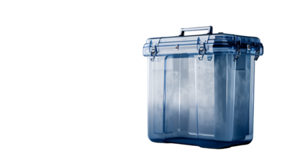 A translucent blue storage container with a handle on a transparent background in a studio setting