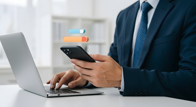 Businessman Using Smartphone and Laptop with Progress Bars, Modern Technology Concept