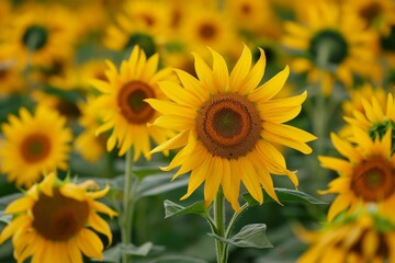 Fototapeta premium Sunflowers growing in a field of yellow blooms with green leaves, creating a vibrant summer agricultural landscape