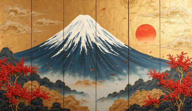 Fuji-patterned gold folding screen. Gorgeous. Vivid. Japan. Wa. Japanese style. Gold.