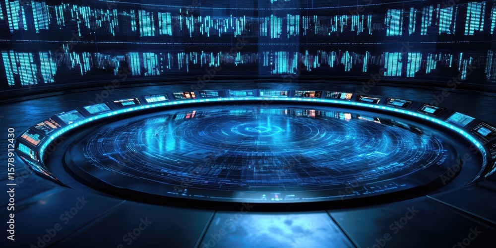 Poster business management digital concept. futuristic digital interface with glowing data and circular des