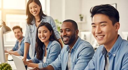 Obraz premium Diverse group of young professionals smiling and collaborating on a project in a bright, modern office setting, using a laptop and desktop computer.