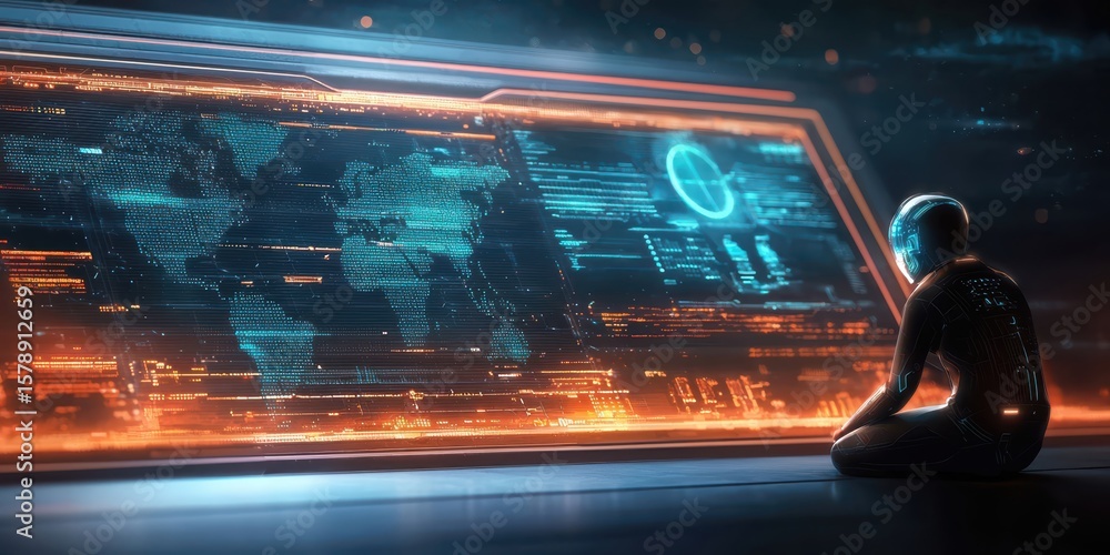 Poster business management digital concept. futuristic figure interacting with a holographic world map and 