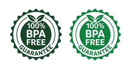 Pair of Green 100% BPA Free Guarantee Seals with Leaves, Denoting Safe and Eco-Friendly Product Certification
