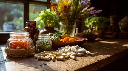 A serene kitchen scene featuring an assortment of colorful herbal supplements and fresh ingredients, illuminated by warm sunlight.