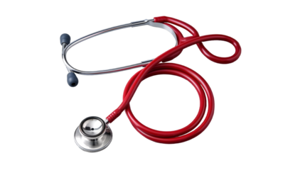 Red stethoscope with silver accents and gray ear pieces on a transparent background in a studio shot