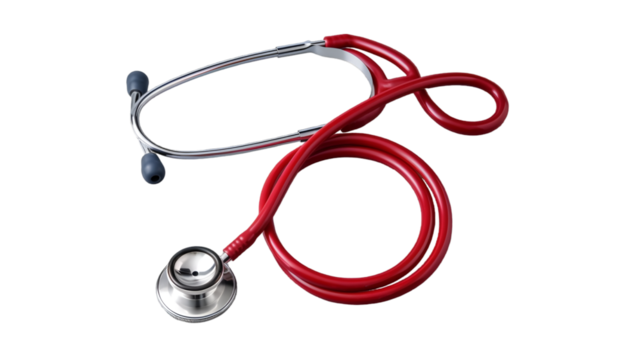 Red stethoscope with silver accents and gray ear pieces on a transparent background in a studio shot