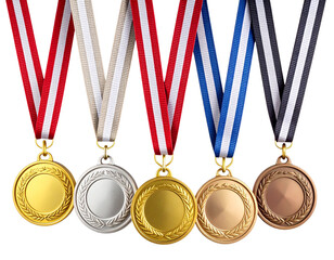 Hanging Gold, Silver, and Bronze Medals Set, Front-Facing, Clean Isolated PNG.