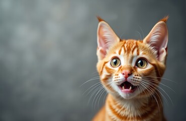 Fototapeta premium Adorable surprised cat staring camera with wide eyes. Ginger kitten with funny expression, open mouth, whiskers. Pet animal portrait with blank space for text or advertising.