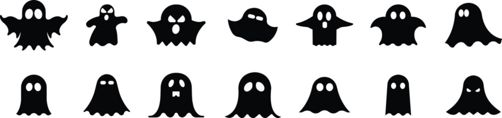 Ghost vector icons set, spooky, scary, and cute spirit collection, solid and outline graphic group, editable design elements for Halloween, horror, fantasy, and decorative projects