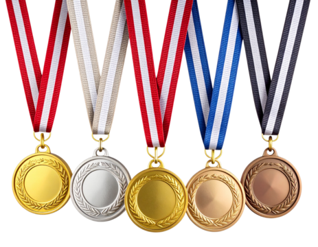 Hanging Gold, Silver, and Bronze Medals Set, Front-Facing, Clean Isolated PNG. - Powered by Adobe