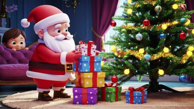Happy santa klaus organizing gifts in christmas tree in old house