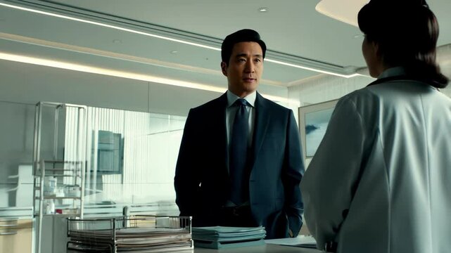 Asian businessman in suit stands opposite female employee woman in white lab coat. His hands are in his pockets, and he gives imperious orders in research lab or hospital. concept of head