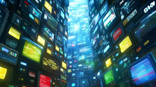 Multilayered display wall with glowing screens showing various data streams, graphs, and information panels in blue, green, yellow, and red colors