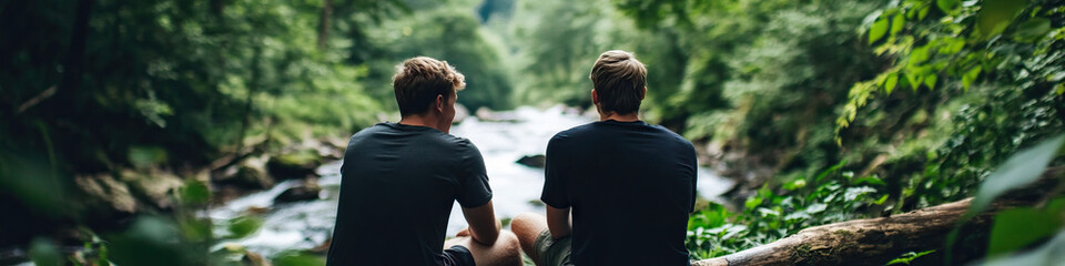 Obraz premium Two Men Sitting by Creek in Forest