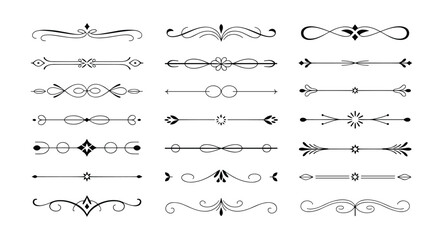 Extensive collection of elegant vintage text dividers and ornamental page rules with diverse flourishes, swirls, and minimalist designs, ideal for invitations, certificates, and refined typography.