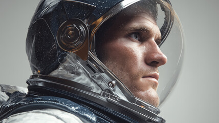 Fototapeta premium 男性がガンメタルヘルメットで宇宙服を着る