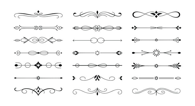 Extensive collection of elegant vintage text dividers and ornamental page rules with diverse flourishes, swirls, and minimalist designs, ideal for invitations, certificates, and refined typography.