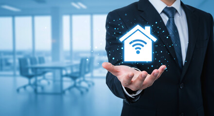 Man in suit holding house with wifi symbol in palm against office background with conference table