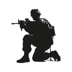 Silhouette Of Soldier In Combat Position. Military Readiness And Defense. Isolated Vector Illustration