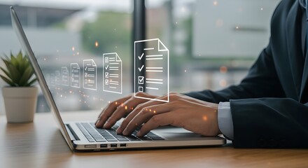 Businessman Working on Laptop with Digital Documents, Online Checklist Concept