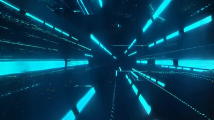 Bright blue neon lights create a futuristic tunnel effect, evoking digital speed and data transfer in a virtual space. - Powered by Adobe