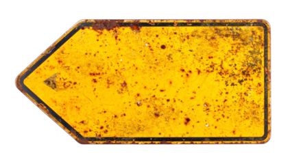 Close Up Of Old Yellow Arrow Sign With Rusty Texture And Black Border Isolated Transparent Background