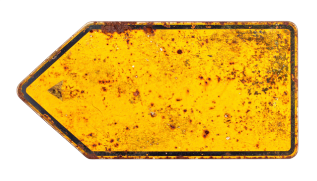 Close Up Of Old Yellow Arrow Sign With Rusty Texture And Black Border Isolated Transparent Background