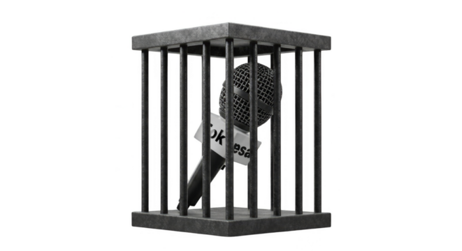 Illustration of Microphone in Cage Represents Restricted Freedom Speech
