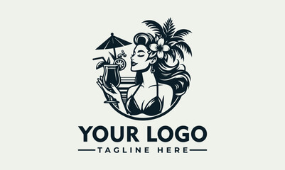 Vintage logo design featuring a woman enjoying a cocktail by the beach, surrounded by tropical elements.