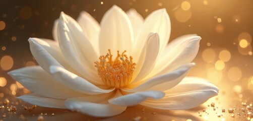 Close-up delicate white lotus flower with gold center petals. Ethereal glow, soft light on a warm golden background. Bloom in macro. Feminine, beauty, peace, calmness. Luxury, spa, wellness.
