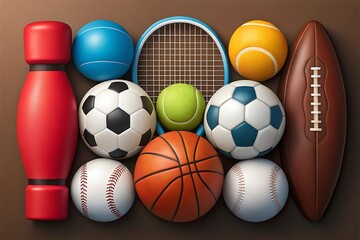 Collection of assorted sports equipment including balls and racquets soccer basketball
