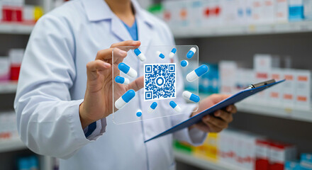 Pharmacist holding qr code with pills around it and clipboard in a pharmacy environment setting