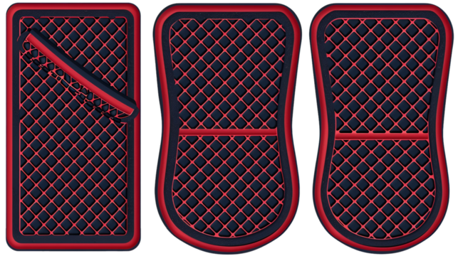 Three transparent and red car floor mats with diamond patterns displayed on a transparent background in a studio shot