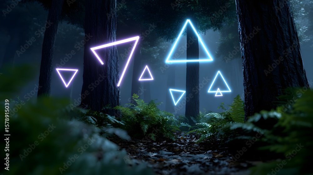 Poster neon triangles glowing in a mysterious forest path