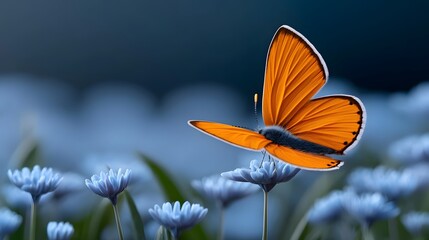 Vibrant orange butterfly resting on delicate gray flowers