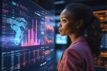 African Businesswoman working with data and tablet hologram with digital overlay for tech, statistics or stock market. generative ai