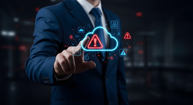 Cloud Computing Security Alert: Businessman Touching Warning Icon