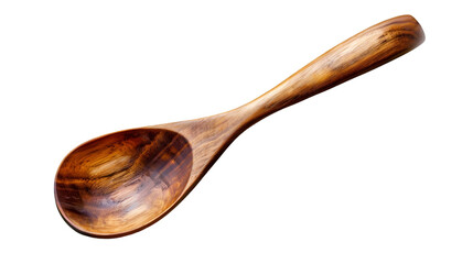 A wooden spoon with a long handle and a rounded bowl against a transparent background in a studio setting